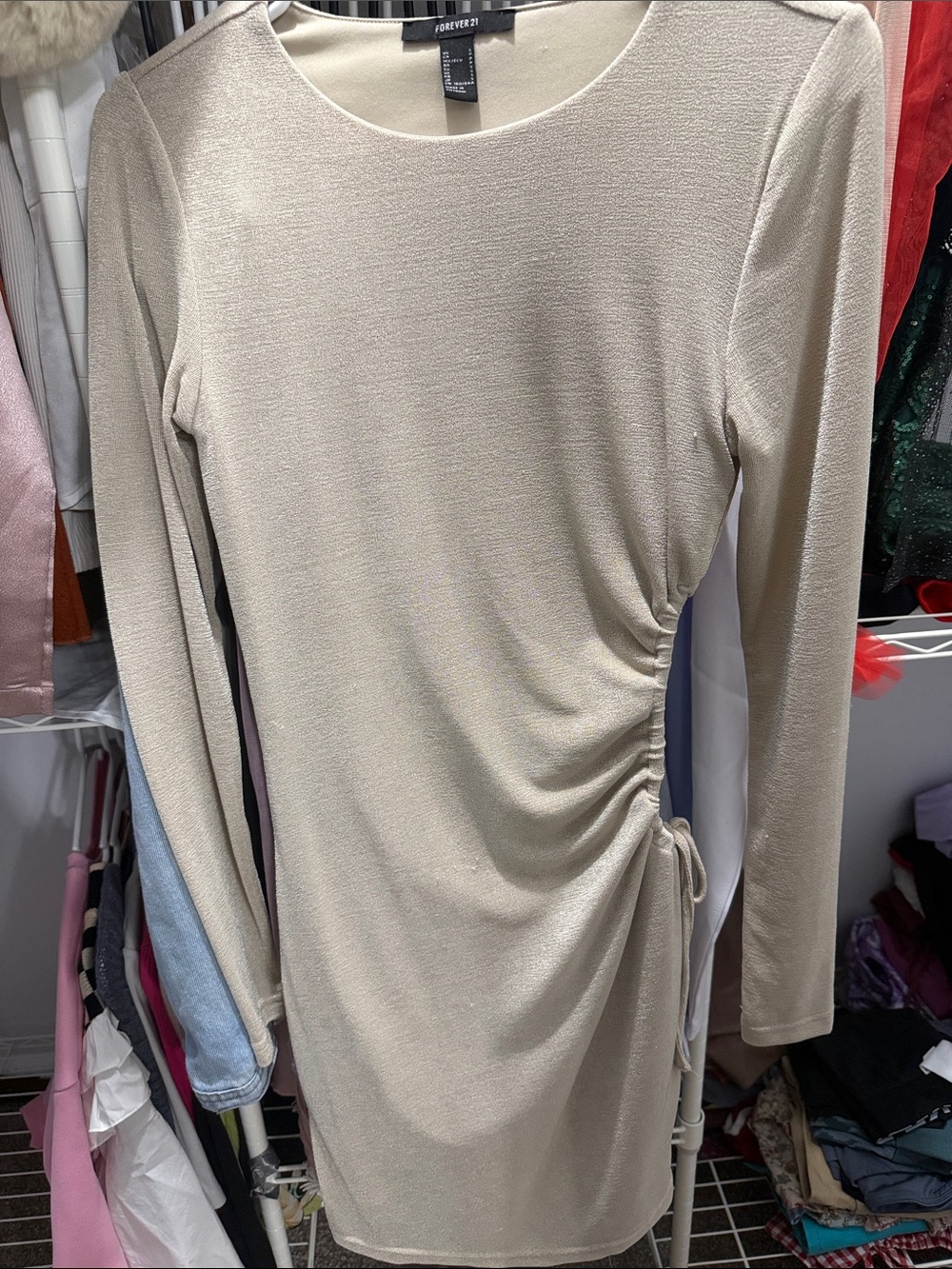 Forever 21 Cream Long Sleeve Side-Ruched Bodycon Dress